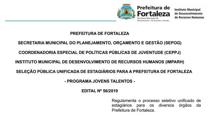 Prefeitura de Fortaleza seleciona estagiários